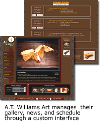 A.T.Williams Art manages their news, schedule, and gallery through a custom interface designed by Web Creations By Z